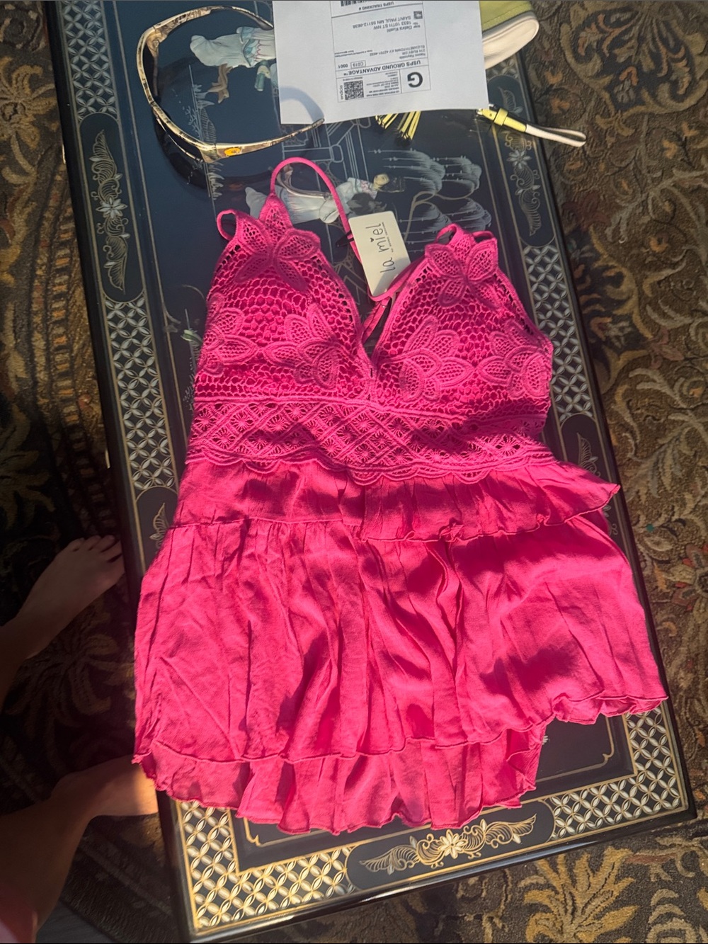 LA MIEL Hot Pink Lace-Trim Tiered Chemise